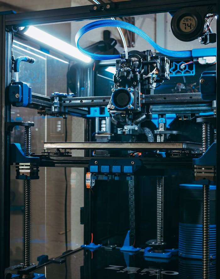 A close-up shot of a modern 3D printer operating in an industrial setting.